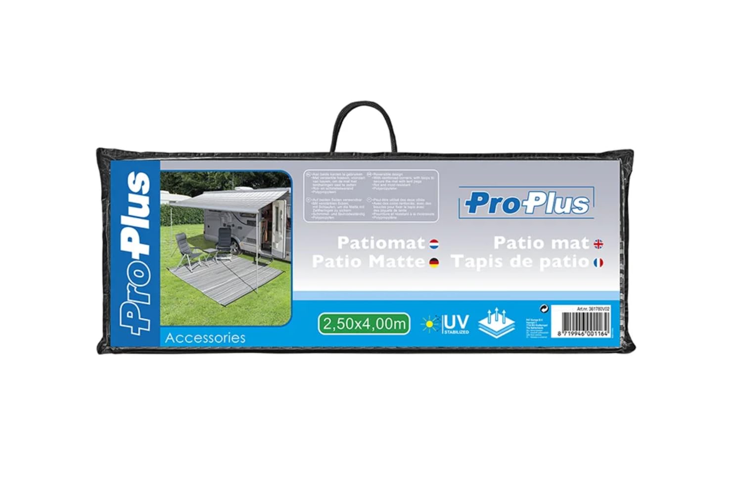 ProPlus 361780V02 Patio Matte 2,50 x 4,00m beidseitig verwendbar Vorzelt | Atmungsaktives Polypropylen mit Heringschlaufen für Wohnmobil, Zelt und Garten. Schützt Gras und isoliert vor Bodenkälte.