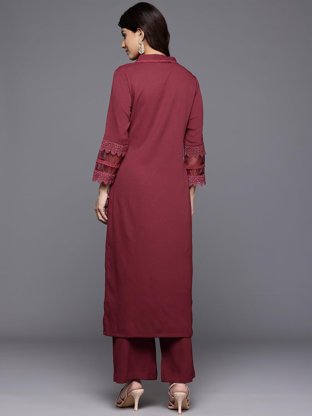 Varanga Women Maroon V Neck Three Quarter Sleeves Cotton Lace Straight Kurta With Tonal Bottom - Casual Ethnic Suit Set For Women (Large)