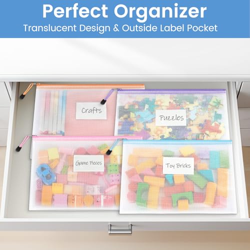 Sooez 20 Pack Mesh Zipper Pouch Bags, A4 Letter Size, Zipper Bags with Label Pocket, Waterproof Pouches for Classroom Organizer, Board Game Toy Storage, Document Bag for Teacher School Office Supplies