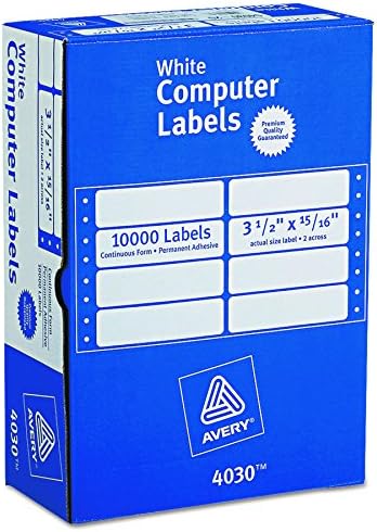 Avery Continuous Form Computer Labels for Pin-Fed Printers 3-1/2 x 15/16, Box of 10,000 (4030),White