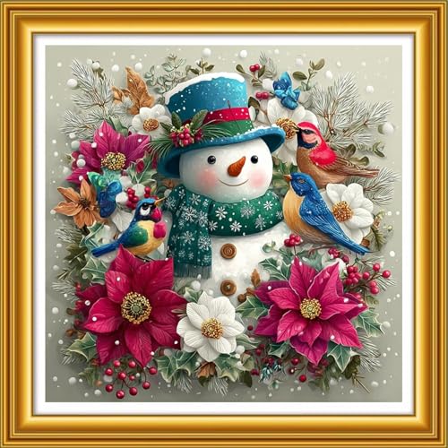 Image of Foxhool Stamped Cross Stitch Kits,11CT Printed Cross Stitch Pattern Full Embroidery Kits for Beginner Needlepoint Kits&Snowman Flower Bird 18x18 inch