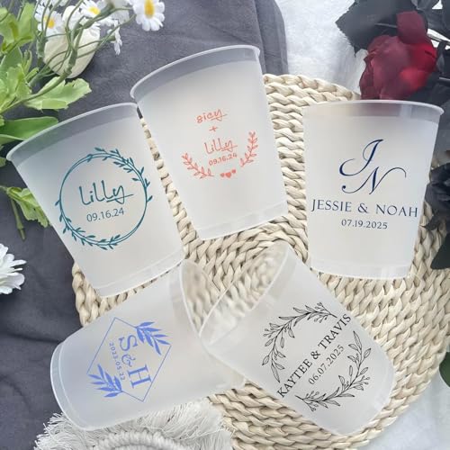 100Pcs Personalized Frosted Wedding Cups Disposable Custom Frosted Wedding Personalized Shatterproof Modern Wedding Party Bridal Shower Cups (12 Oz)