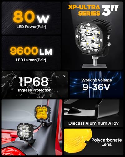Image of Auxbeam XP-Ultra Series 3-Inch 80W Cube LED Pods with Amber White Covers | Spot flood combo beam, 9600LM decent off-road lights, Auxiliary driving fog lamp, Jeep Ford ATV truck ditch lights
