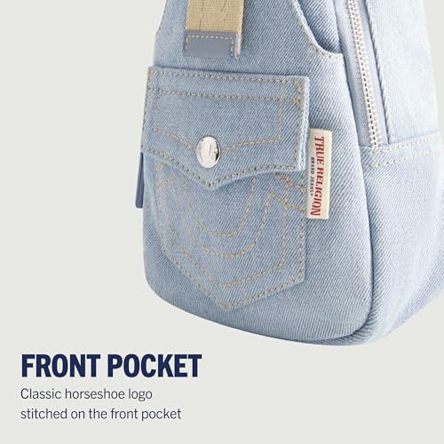 True Religion Women's Sling Bag, Denim Small Travel Backpack with Adjustable Shoulder Crossbody Strap and Front Pocket, Denim3