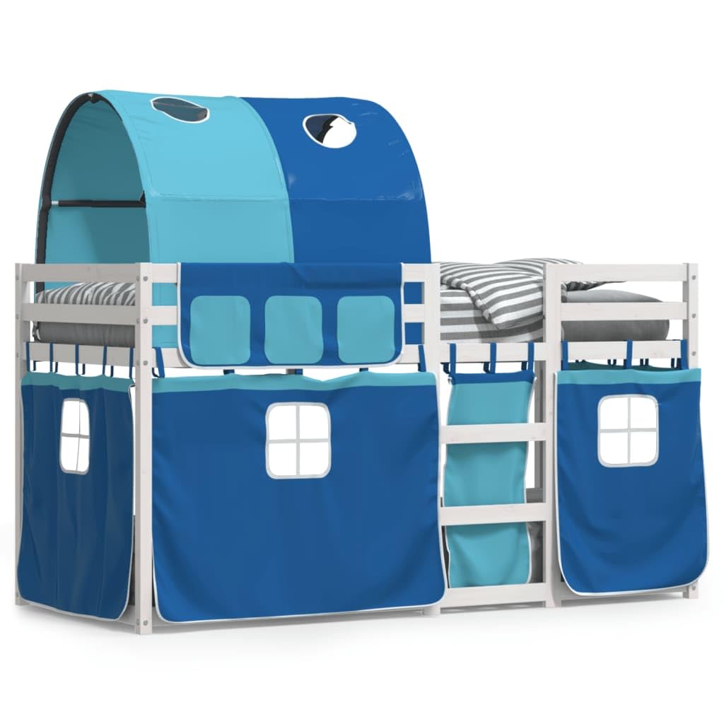 Lit superposé en pin massif Pino-PLC3122 avec rideaux de jeu bleus 90x190 cm