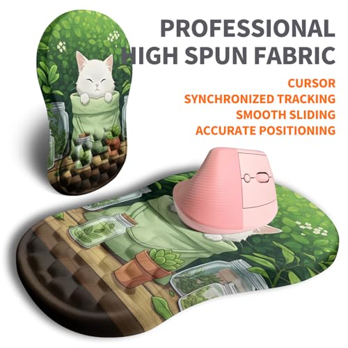 Image of Ergonomic Joint Wrist Support Mouse Pad with Memory Foam Cushion Massage Bump, Carpal Tunnel Pain Relief Mousepad Slope Design for Wrist Rest, 11.8x7.9 in, Cute Kitten