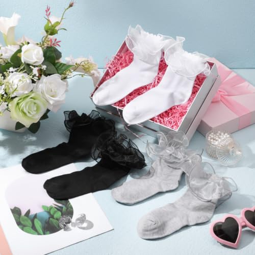 Image of Geyoga 3 Pairs Women Big Ruffle Socks Turn Cuff, Double Lace Ankle Cotton Frilly Socks for Ladies Summer