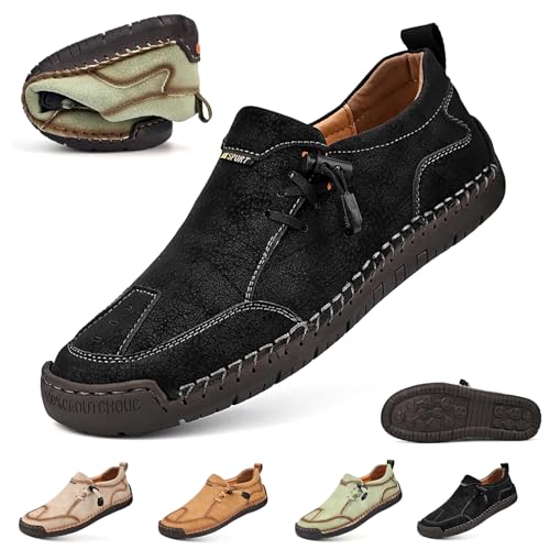 Men's Leather Hand Stitching Lace-Up Loafers Lightweight Breathable Moccasins,Non Slip Soft Bottom Casual Driving Shoes
