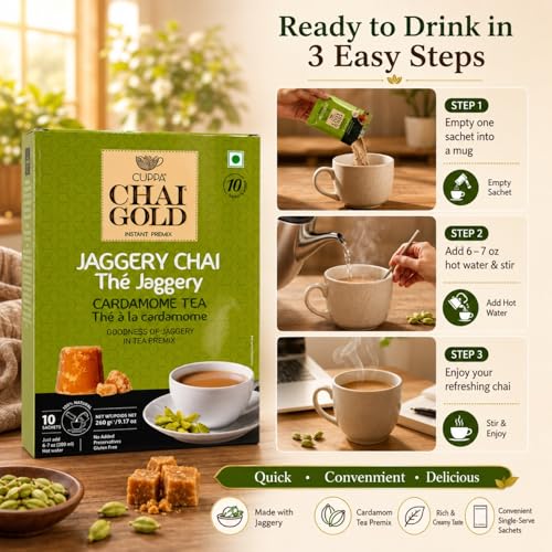 Té chai instantáneo con jaggery en polvo, pack de 10 miniatura 5