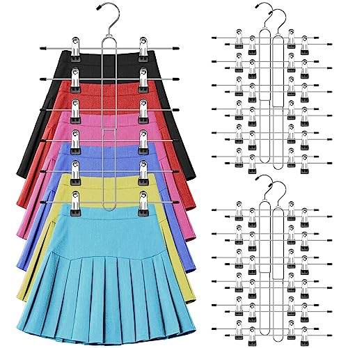 Image of 6 Tier Skirt Hangers Space Saving,4 Pack Pants Skirts Hangers with Clips for Women Closet,Non Slip Closet Organizer and Storage Multi Clothes Shorts Hanger Organization Dorm Room Essentials