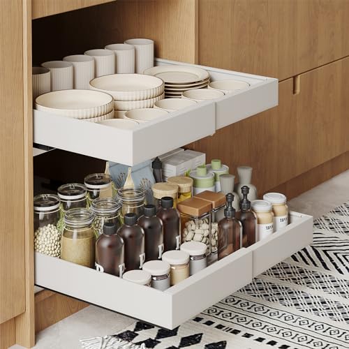 LEIKOSUP Pull Out Cabinet Organizer, Expandable Slide Out Drawers Fixed With Adhesive Nano For Kitchen Cabinets,Pantry and Bathroom Storage, Adjust Width to 12.2