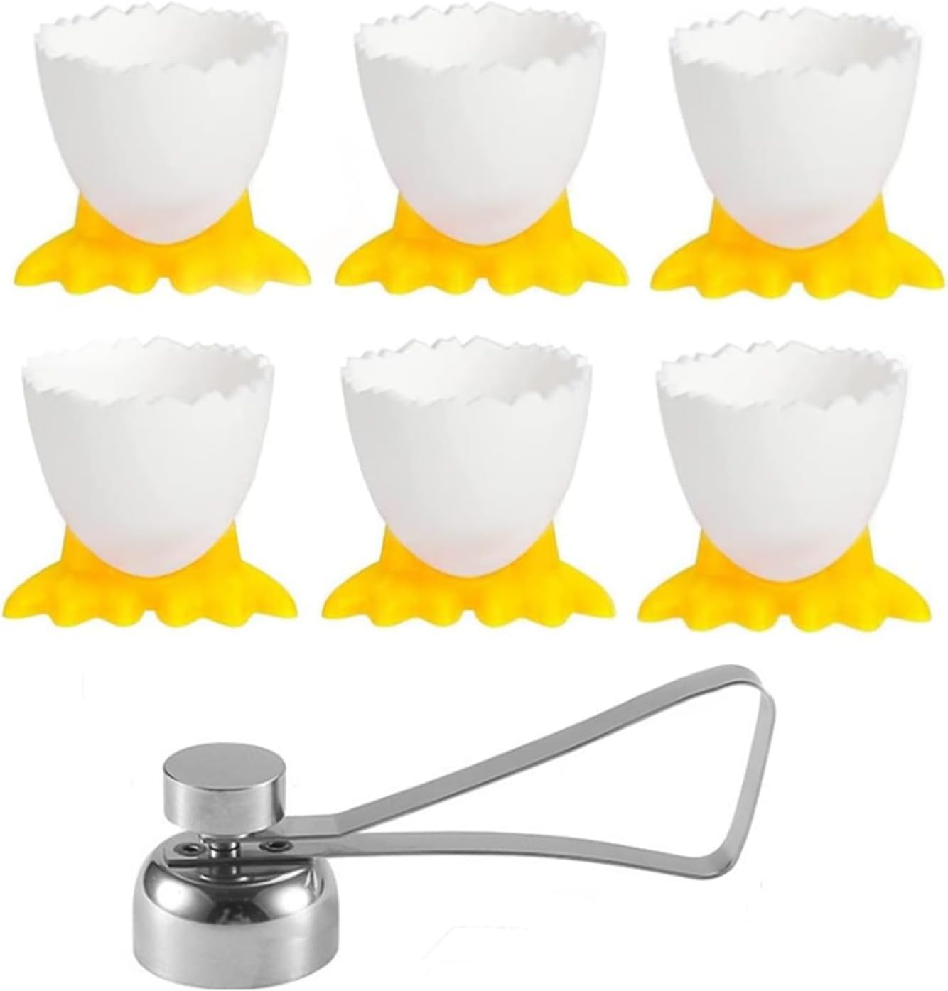 Set 6 Portauovo + 1 Apricatoio In Acciaio Inox - Colazione Divertente Per Bambini - Colore Giallo