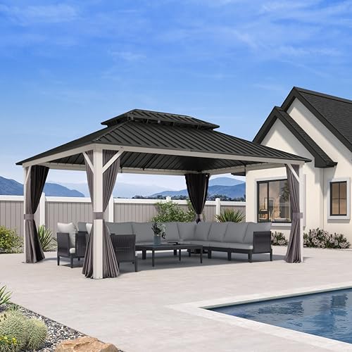 PURPLE LEAF 12' X 16' Hardtop Gazebo Outdoor Metal Double Roof Grill Gazebo White Aluminum Frame Pavilion with Curtain and Netting for Patio, Garden and Backyard, Grey