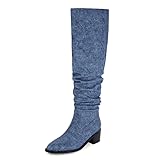 Modatope Denim Knee High Boots for Women Chunky Heel Tall Boots for Women Slouchy Thigh High Boots Womens Over the Knee Boots Size 6