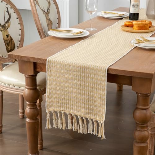 Mesnt Chemin de Table, Chemin de Table en Motif à Chevrons avec Pompon en Lin, Kaki Clair, 35 x...