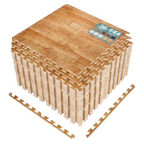 Sorbus 144 Sq. Ft. Wood Grain Floor Tiles Foam Mat EVA Interlocking Mats Tile 3/8-Inch Thick Flooring Wood Puzzle Exercise Mats w/Borders - Home Playroom Basement, Apartment, Trade Show, Baby, Dance