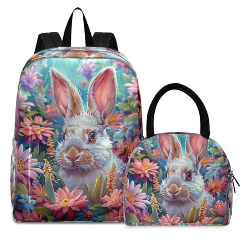 Bookbag Lunch Box Set Waterproof Insulated Cooler Bag, Youth Backpacks, Cute Easter Rabbit Colorful Flowers