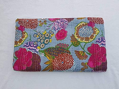MTREON Jaipuri Quilt Handmade Bed Cover Cotton Kantha Blanket Throw Home Decor Bedspread Bedsheet, Twin Size, Multicolour (90 X 108 Inches (Queen Size), Grey)-image-23