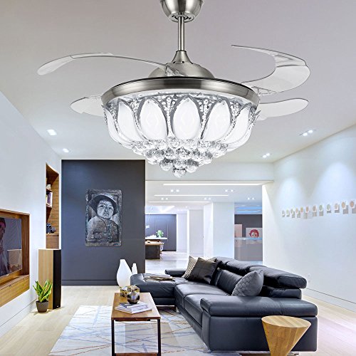 42" Luxury Modern Fandelier Crystal Chandelier Ceiling Fan With Remote Control Bling Ceiling Fan With Light For Livingroom Bedroom Chrome Folding Blades Ceiling Fan Lamp Dining Room Decorative #TOP2