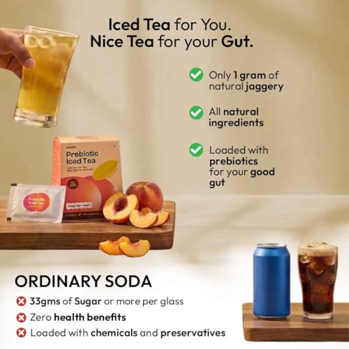 Image of Woolah Prebiotic Peach Iced Green Tea | 1g Jaggery Sweetened | Low Sugar, Natural Ingredients | Refreshing Daily Drink | 20 Sachets Pack