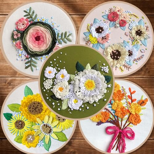Image of Allazone 2 Sets Embroidery Kit for Beginners, Stitch Practice Kits for Craft Lover Hand Stitch with Embroidery Fabric with Stamped Pattern, Starter Stitch Kits Suitable for Adults (Sunflower)