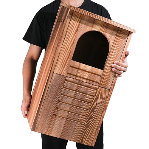 Screech Barred Owl House 25 Extra Large Owl Bird Box Handmade Wooden Circular Opening for Outside with Mounting Screws and A Bag of Wood Shavings Easy Assembly Required (Brown 14x25)
