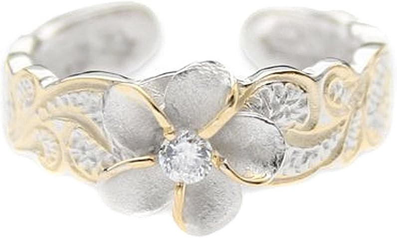Hawaiian Sterling Silver With Yellow Gold Flashed Plumeria Toe Ring With Synthetic CZ Accent