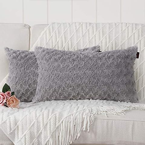 Mandioo Grey Faux Fur Cushion Covers 12x20 Inch 3D Flower Pattern Fuzzy Cozy Soft Decorative Throw Pillowcases for Couch Sofa Bedroom Car 30cmx50cm,Pack of 2 Cover