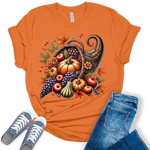 GyftWear Womens Fall Shirt Thanksgiving Cornucopia T Shirt Cute Vintage Graphic Tees for Women 4X-Large 4 - Burnt Orange