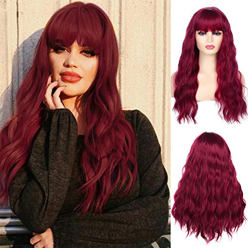 Kaneles Wine Red Wig for Women Long Wavy Wigs with Bangs Synthetic Heat Resistant Fiber Hair for Cosplay Party Use with Wig Cap