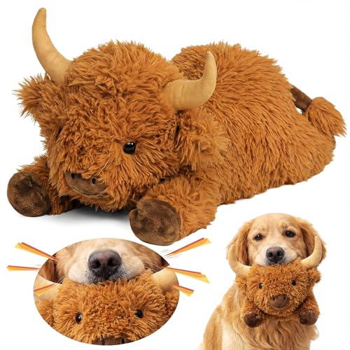 Seenelling Squeaky Dog Toys Highland Cow Dog Toys for Small Medium Dogs Chew Stuffed Push Toy Puppy Fetch Teething Chewing Interactive to Keep Them Busy Highland Cow Birthday Gift