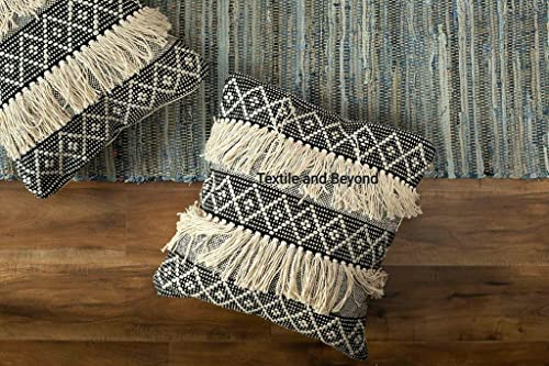 Image of Cushion - Boho Handloom Cotton Cushion Covers - Set of 3, Square Decorative Pillow Cases Sofa, Couch, Chair, Kitchen, Bedroom, Room, Office, 16x16 Inches, Premium
