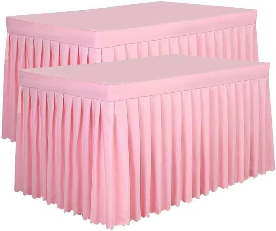 Tina 2 Pack 8ft Pink Table Skirt Fitted Tablecloth for Rectangle Tables, Polyester Covers for 8 Foot Folding Tables, for Banquets Events