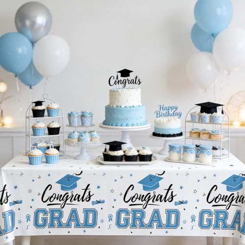 Image of Oigco 2026 Graduation Decorations, 2 Pack Sky Blue Graduation Tablecloths Class of 2026, Congrats Grad Plastic Tablecloths for Graduation Party Decorations, 54 x 108 Inch