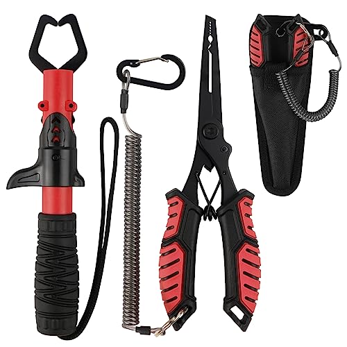 Image of mouhike Fishing Pliers Fish Lip Gripper Fishing Tool Kit for Men Women | Saltwater Multifunctional Fishing Line Cutter Hook Remover with Lanyard Sheath Fly Ice Pliers Fishing Gear Fishermen Gift