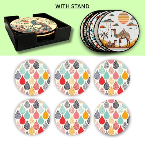 Image of Zesta Coasters for Cups Set of 6 / Wooden Coasters for Bar Accessories for Home /Tea Coaster Set of 6 / Waterproof Dining Table Decor Glass Cover (Water Drop, Circle)