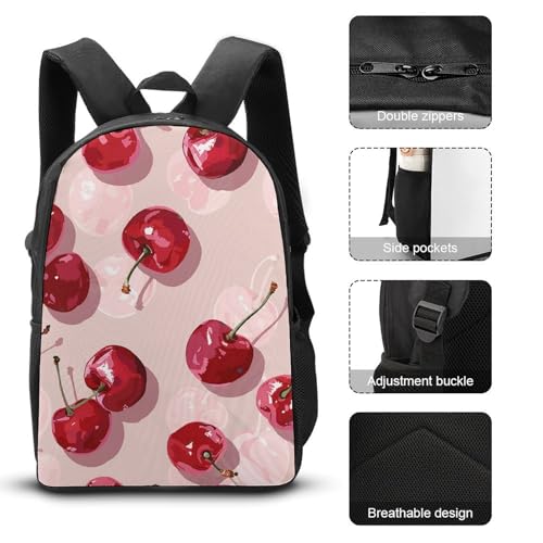 3 Piece Backpack for Women Men Lightweight Causal Daypack Shoulder Bag Set with Insulated Lunch Bag And Pencil Case Organizers With Cherry Pattern3