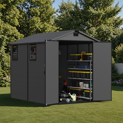 Image of Patiowell 6 x 8 FT Plastic Outdoor Storage Shed with Floor, Weatherproof Resin Tool Shed, Lockable Door & 2 Windows, Easy Assembly for Garden, Backyard, Lawn Equipment (Dark Grey)