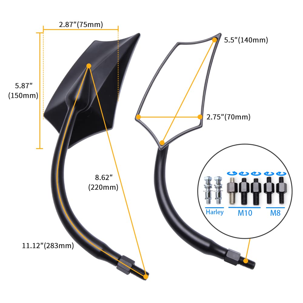 Specchietti Retrovisori Cromati per Moto da 10mm e 8mm Compatibile per Harley Honda Yamaha Kawasaki Suzuki Ducati Aprilia (Nero)