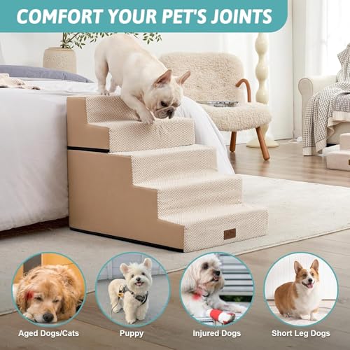 COZY KISS Hundetreppe für Kleine Hunde 60cm, 2-in-1 Haustiertreppe für Couch Bett Sofa, rutschfeste Hundetreppe für Welpen und alte Katzen, Beige