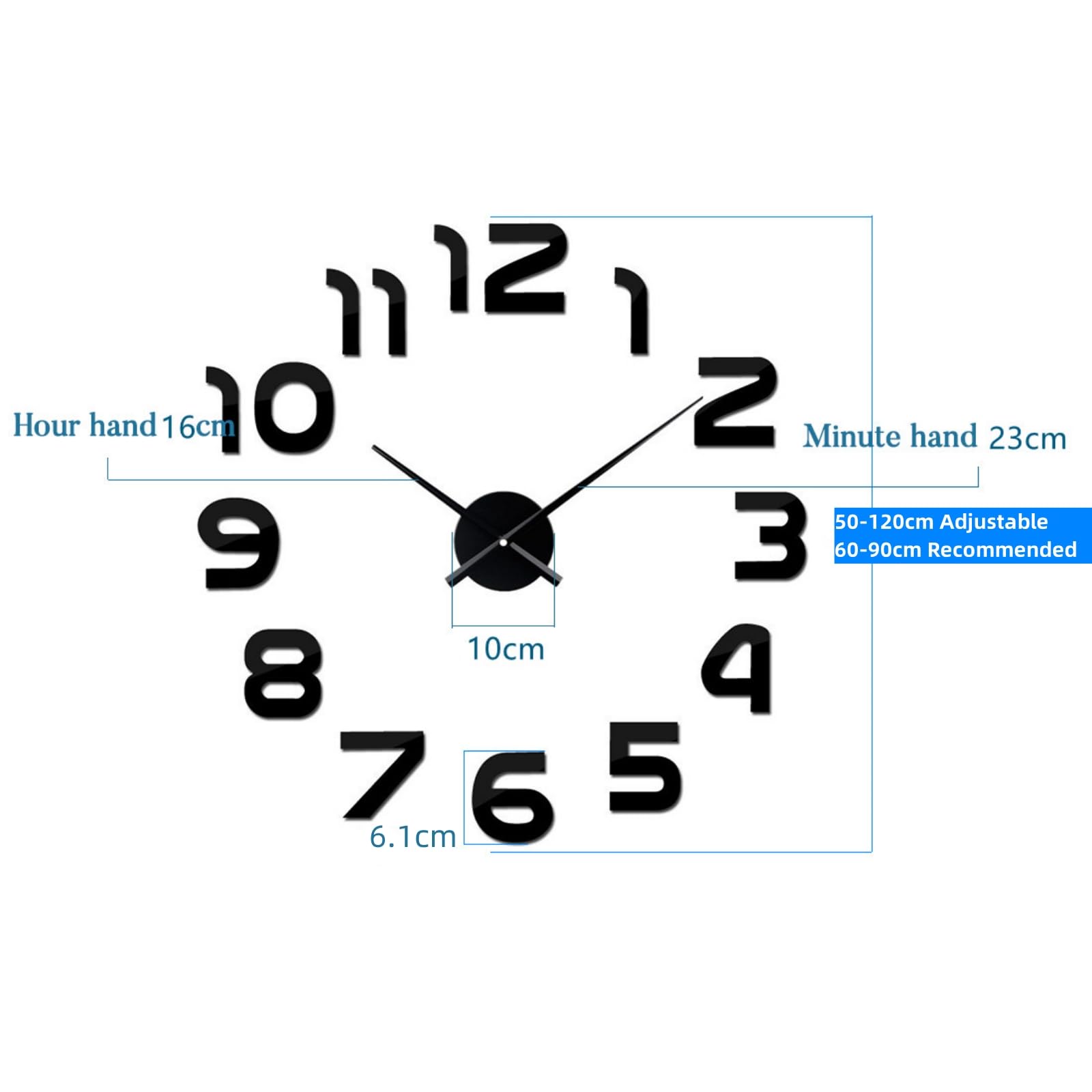 Horloge Murale 3D Miroir Autocollant Métal Silencieuse, Décor Moderne 60-90 cm Noir