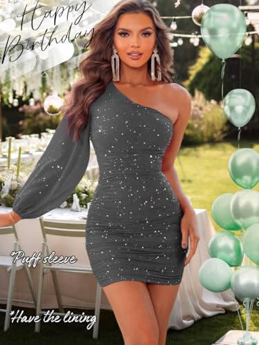 Image of ShawGobow Sparkly Outfits for Women,One Shoulder Ruched Bodycon Short Prom Dress,Sexy Dresses Cocktail Homecoming Nye