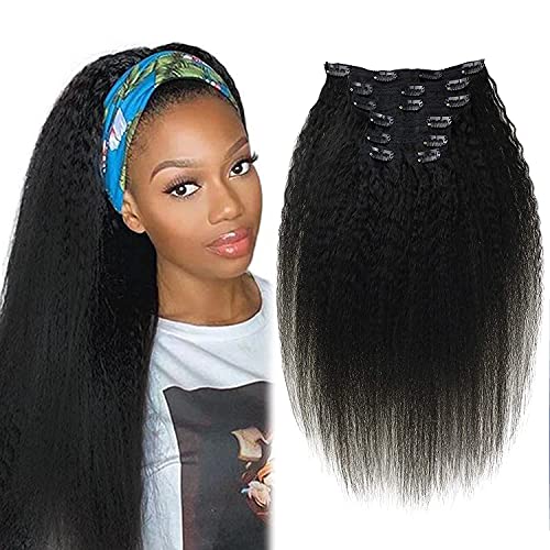 Vivien Kinky Straight Clip in Hair Extensions 16 Inch Natural Black Clip in Yaki Hair Extensions Brazilian Hair for Women Clip in Remy Hair Thick 100g 7pcs