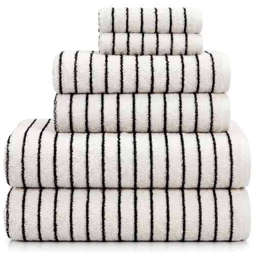CrystalSylara 6 Pack Black and White Striped Bath Towels Set Cotton Absorbent Shower Towels for Bathroom Pool Spa Decor Contains Soft Bath Towel Hand Cloth and Wash Cloth