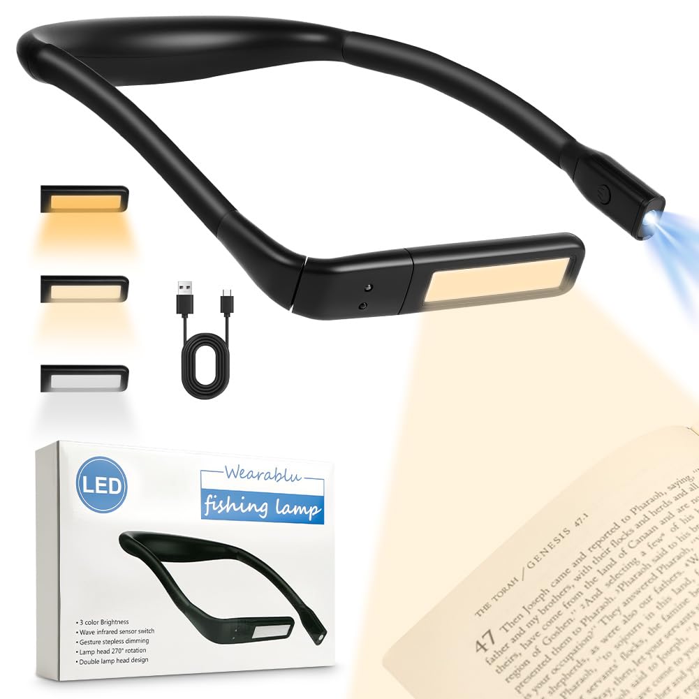 HOTUT LED Neck Reading Light, Rechargeable Book Light for Reading in Bed at Night, Bendable Arms, Eye Caring 3 Colors, Stepless Dimming Brightness, Book Lamp for Reading, Knitting, Camping, Repairing