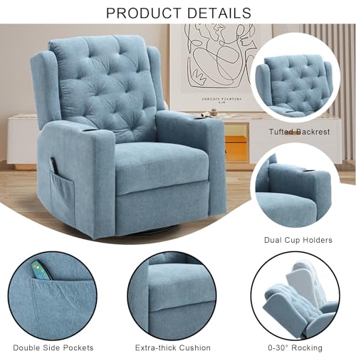 Image of Oversized Massage Recliner Chair Swivel Rocker Recliner for Adult, Wide Seat Fabric Reclining Chair, Manual Recliner Chair with Cup Holder, Glider Rocking Chair for Nursery, Blue