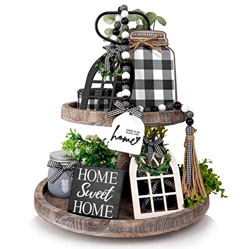 Tiered Tray Decor Set, 5 Pieces Black White Farmhouse Tiered Tray Decor Items Bundle Set Wood Bead Garland Decorations for The Home Rustic Mini Wood Signs Decor