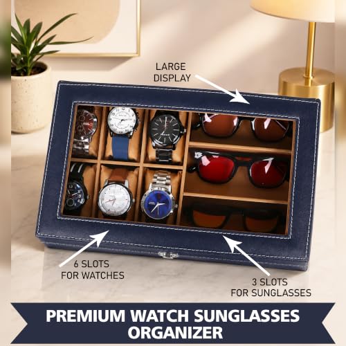 Image of LEDO Watch Box Organizer with 6 Watch Slots and 3 Sunglasses Slots, Blue and Cream, PU Leather, Rectangular, Metal Clasp Lock, Transparent Display Window
