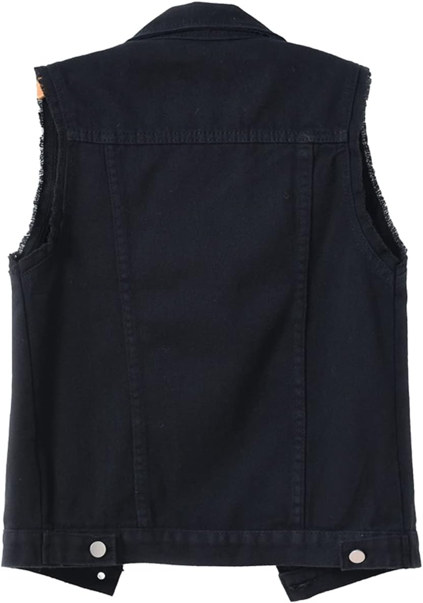Women's Casual Denim Waistcoat Slim Fit Frayed Sleeveless Jacket Ripped Tops with Pockets - Image 2