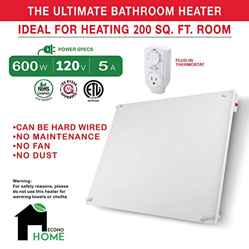 Econohome Wall Mount Space Heater Panel - With Thermostat - 600 Watt Convection Heater - Ideal For 200 Sq Ft Room - 120V Electric Heater #TOP2